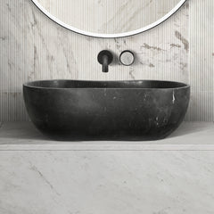 Luxury Dark Grey Natural Marble Vessel Sink, 23.6" Organic Wavy Shape Stone Basin, Solid One-Piece Carved, Matte Finish Vanity Bowl (60cm x 36cm)