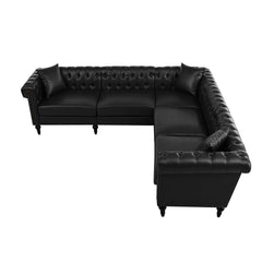 Sectional Sofa Couch for Living Room, L Shaped Reversible Modern Chesterfield Sofa with Rolled Arms and Nailhead, 5 Seat Tufted Couch for Small or Large Space(Black) PU Leather