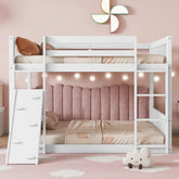 Twin Over Twin Floor Bunk Bed, Playhouse Floor Bunk Bed with Climbing Ramp, Ladder, Safety Guardrails,White
