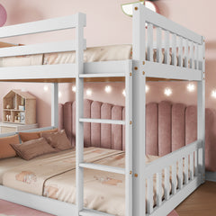 Twin Over Twin Floor Bunk Bed, Playhouse Floor Bunk Bed with Climbing Ramp, Ladder, Safety Guardrails,White