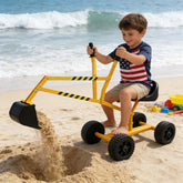 Toy excavator riding, sand dredger, yellow