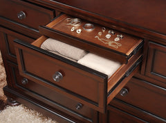 Classic Transitional Dresser of 7 Drawers Brown Cherry Finish Birch Veneer Hidden Drawer Bun Feet Bedroom Traditional Furniture
