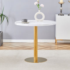 31.5 Inch Elegant White Marble Pattern Round Dining Table - Suction Molding Annular Texture, Durable and Water-Resistant.Suction Molding Process,Exquisite White Marble Pattern,Gold Metal Stand.