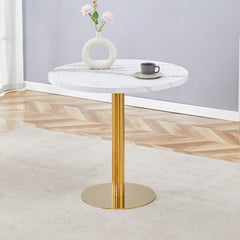 31.5 Inch Elegant White Marble Pattern Round Dining Table - Suction Molding Annular Texture, Durable and Water-Resistant.Suction Molding Process,Exquisite White Marble Pattern,Gold Metal Stand.