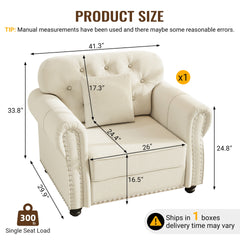 41.3"Upholstered Velvet Sofa with Nailhead Trim and Rolled Armrests,Mid-Century Modern Chesterfield Sofa with Button Tufted,Includes 1 Pillows,Beige/White
