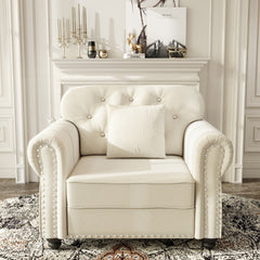41.3"Upholstered Velvet Sofa with Nailhead Trim and Rolled Armrests,Mid-Century Modern Chesterfield Sofa with Button Tufted,Includes 1 Pillows,Beige/White