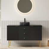 GEMA 48" Bathroom Vanity & Sink, Freestanding Plywood Storage Cabinet with 4 Gold Legs, 3 Drawers and 2 Doors, Transparent Black Round Glass Basin & Black Sintered Stone Top, Pre-assembled, Black