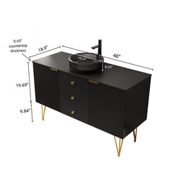 GEMA 48" Bathroom Vanity & Sink, Freestanding Plywood Storage Cabinet with 4 Gold Legs, 3 Drawers and 2 Doors, Transparent Black Round Glass Basin & Black Sintered Stone Top, Pre-assembled, Black