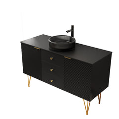 GEMA 48" Bathroom Vanity & Sink, Freestanding Plywood Storage Cabinet with 4 Gold Legs, 3 Drawers and 2 Doors, Transparent Black Round Glass Basin & Black Sintered Stone Top, Pre-assembled, Black