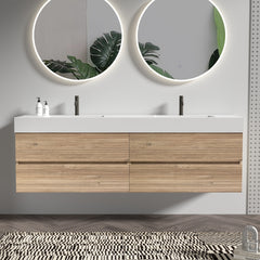 Grace 72''(36Inch*2) Bathroom Vanity with Oak Engineered Quartz Sink and Rough Oak Drawers, Wall Mounted Floating Bathroom Vanity, One-Piece Basin without drainage and faucet, KD