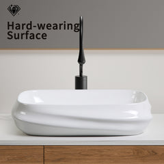Modern Rectangular Ceramic Vessel Sink - 23.6"×16.9" Textured Bas Relief Design, No Faucet Hole, Gloss White Bathroom Basin N0 Drain (5.3" Height)