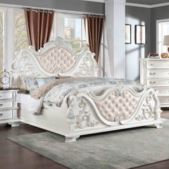 Pearl White Traditional California King Size Bed Tufted HB Luxury Look 1pc Bed Bedroom Furniture Wooden