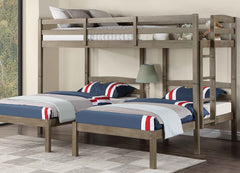 Triple Twin Bed Transitional Style USB Port And Power Outlet On Builtin Nightstand With Drawer, Warm Grey