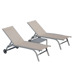 Chaise Lounge Outdoor Set of 3, Lounge Chairs for Outside with Wheels, Outdoor Lounge Chairs with 5 Adjustable Position, Pool Lounge Chairs for Patio, Beach (Khaki,2 Lounge Chairs+1 Table)