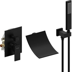 Male NPT Waterfall Shower head with Handheld,Matte Black Bathtub Shower Faucet with High Flow Wall Mount Tub Faucet,Single Handle Bathroom Tub Mixer Tap Hand Shower System with Curved Spout Commercial