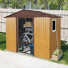 8 ft x 4 ft Outdoor Metal Storage Shed with Window and Metal Foundation for Backyard, Patio, Lawn (Coffee)
