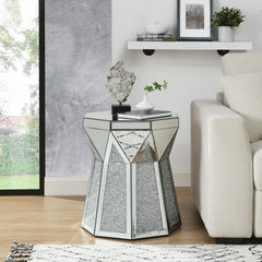 Drum style coffee table with mirror crystal inlay, polygonal silver decorative table, modern design luxury modern furniture, 20 inch (about 50 centimeters) low coffee table, suitable for living room