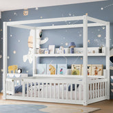 Twin Size Canopy Bed with Guardrails, Solid Wood Floor Bed with Shelves, Montessori Floor Bed Frame for Kids, Boys, Girls, No Spring Box Needed, White