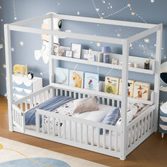 Twin Size Canopy Bed with Guardrails, Solid Wood Floor Bed with Shelves, Montessori Floor Bed Frame for Kids, Boys, Girls, No Spring Box Needed, White