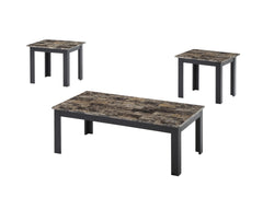 3pc Set Traditional Style Rectangular Coffee Table Square Shape End Table Wooden Legs Faux Marble Top Wooden Furniture Brown Finish