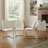 Dining Chairs Set of 4, White Faux Leather Kitchen Chairs with Gold Mesh Texture, Silver Back Ring and Chrome Pull Handle, High Back Upholstered Dining Room Chair (White, Set of 4)