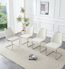 Dining Chairs Set of 4, White Faux Leather Kitchen Chairs with Gold Mesh Texture, Silver Back Ring and Chrome Pull Handle, High Back Upholstered Dining Room Chair (White, Set of 4)