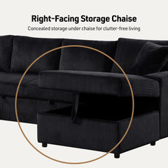Ruxley 123"W Black Corduroy Sleeper Sectional Sofa with Right-Facing Storage Chaise and Throw Pillows