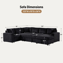 Ruxley 123"W Black Corduroy Sleeper Sectional Sofa with Right-Facing Storage Chaise and Throw Pillows