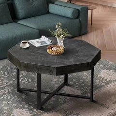 Wood Octagonal Vintage Patchwork Craft Farmhouse 30 Inch Wooden Table Top Cross Metal Legs Coffee Table for Living Room(Antique Black)