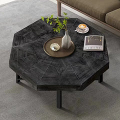 Wood Octagonal Vintage Patchwork Craft Farmhouse 30 Inch Wooden Table Top Cross Metal Legs Coffee Table for Living Room(Antique Black)