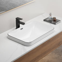 Ceramic Undermount Bathroom Sink 22.05" x 15.36" x 6.7" - White Porcelain Vessel Basin, Seamless Design for Vanity Countertop (3 Styles: Solid White, White with Black Lines, White with Black Edge)