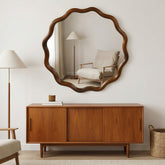 Black Walnut Color 36 inch Wavy Round Solid Wood Frame Decorative Mirror,For Bedroom, Bathroom, Living Room, Entryway