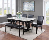 White Faux Marble & Black Finish Dining Table Set Black Faux Leather Upholstered Chairs Bench Nailhead Trim Polyurethane Fabric 6pc Set