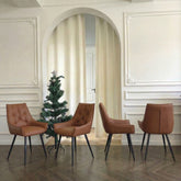 Dining Chairs Set of 4, Camel Faux Leather Dining Room Chair, Metal Kitchen Chairs with Gold Mesh Texture and Black Sanded Legs, Flat Back Upholstered Chair (Camel, Set of 4)