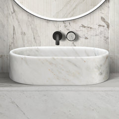 White natural marble bathroom vessel sink, semi-polished surface, natural stone, genuine marble, real marble, 23.6x15.7xH5.9 Inches/600X400XH150 mm