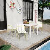Holiday - 4-Pack Modern Striped Color Block Chairs - Waterproof PP Seat & Sturdy Metal Legs(White&Yellow) with 55 Inch White Modern Long Table - Indoor/Outdoor- Lightweight PP Tabletop with Metal Legs