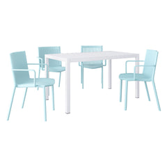 Holiday - 4pcs Light Blue Stackable PP Armchair for Indoor/Outdoor Use – Ergonomic Slatted Back with 55 Inch White Modern Long Table - Indoor/Outdoor- Lightweight PP Tabletop with Metal