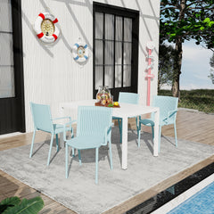 Holiday - 4pcs Light Blue Stackable PP Armchair for Indoor/Outdoor Use – Ergonomic Slatted Back with 55 Inch White Modern Long Table - Indoor/Outdoor- Lightweight PP Tabletop with Metal
