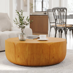 35.63" Round Outdoor Indoor Coffee Table, Modern Wood Grain Drum Center Table, Sturdy MGO (Magnesium Oxide) Waterproof, No-Assembly Table for Patio, Garden, Backyard, Living Room (Wood Color)