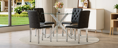 Table and chair set.Modern glass round table: 39 inch diameter, X-shaped silver metal bracket. Paired with 4 BLACK PU dining chairs with ergonomic buckle backrest.Suitable for restaurants, kitchens.