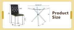 Table and chair set.Modern glass round table: 39 inch diameter, X-shaped silver metal bracket. Paired with 4 BLACK PU dining chairs with ergonomic buckle backrest.Suitable for restaurants, kitchens.