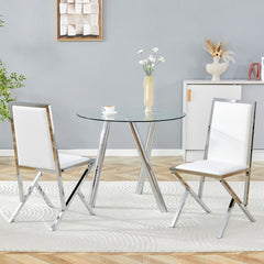 2-pack silver metal framed white PU dining chairs: ergonomic design, a simple and luxurious choice.Featuring uniquely designed silver metal legs.