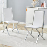 2-pack silver metal framed white PU dining chairs: ergonomic design, a simple and luxurious choice.Featuring uniquely designed silver metal legs.