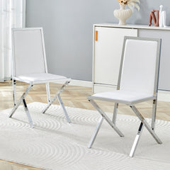 2-pack silver metal framed white PU dining chairs: ergonomic design, a simple and luxurious choice.Featuring uniquely designed silver metal legs.