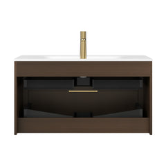 ZANE 36" Bathroom Vanity with Sink, Floating Ultra-Pinstriped Plywood Storage Cabinet with Drawers, Carrara White Sintered Stone Hot-bent Integrated Basin, Pre-assembled, Italy Walnut Woodgrain Color