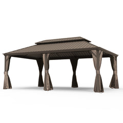 14' X 20' Hardtop Gazebo, Upgraded Metal Gazebo with Drainage System, Dual-Layer Galvanized Steel Roof, Curtain and Netting, Outdoor Shelter Canopy for Patio, Garden, and Backyard, Brown