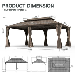 14' X 20' Hardtop Gazebo, Upgraded Metal Gazebo with Drainage System, Dual-Layer Galvanized Steel Roof, Curtain and Netting, Outdoor Shelter Canopy for Patio, Garden, and Backyard, Brown
