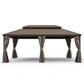 14' X 20' Hardtop Gazebo, Upgraded Metal Gazebo with Drainage System, Dual-Layer Galvanized Steel Roof, Curtain and Netting, Outdoor Shelter Canopy for Patio, Garden, and Backyard, Brown