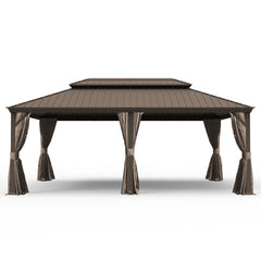14' X 20' Hardtop Gazebo, Upgraded Metal Gazebo with Drainage System, Dual-Layer Galvanized Steel Roof, Curtain and Netting, Outdoor Shelter Canopy for Patio, Garden, and Backyard, Brown