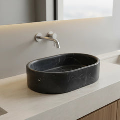 Luxury Dark Grey Natural Marble Vessel Sink, 23.6" Oval Matte Stone Basin, Solid One-Piece Carved, Above-Counter Vanity, Bowl for Master Bathroom (60cmx40cm)